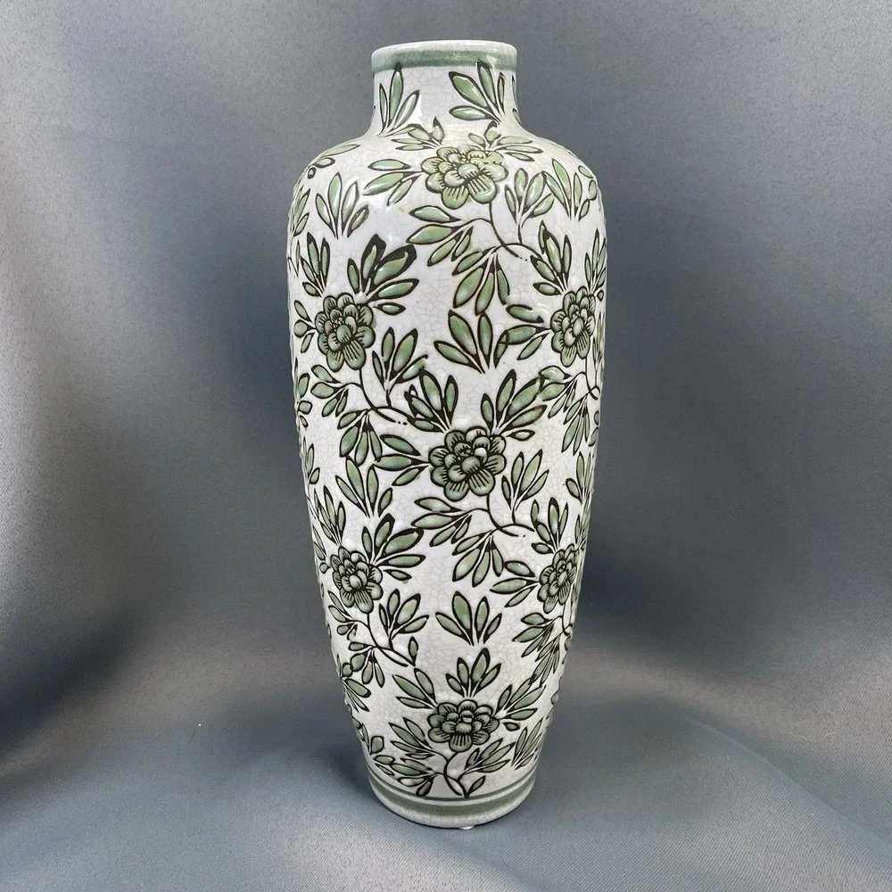 White and Green Floral Ceramic Vase 12